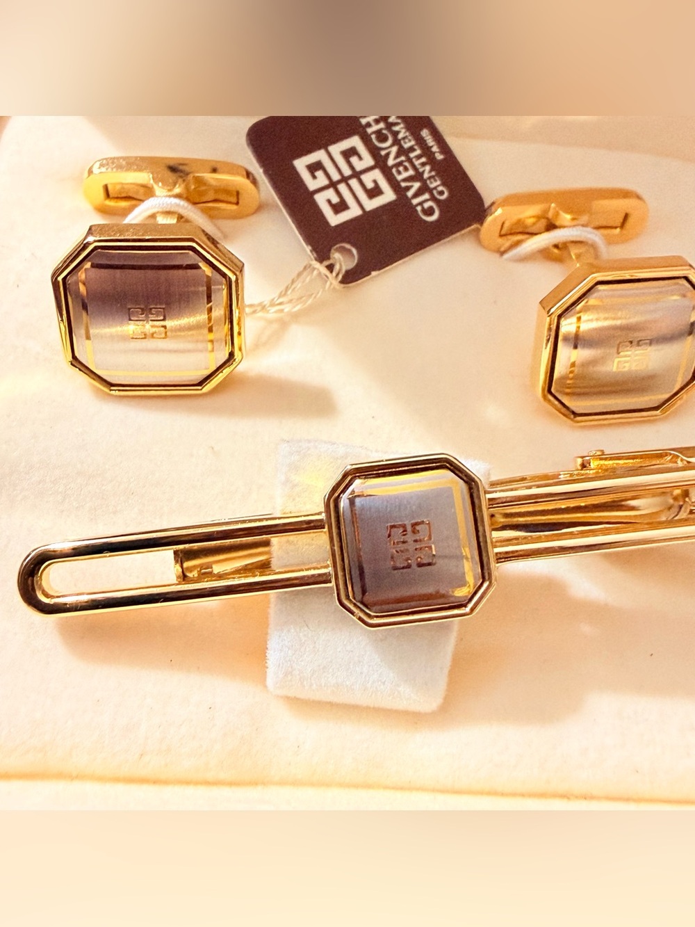 Givenchy Gold and Gray Octagonal Tie Bar with Matching Cufflinks